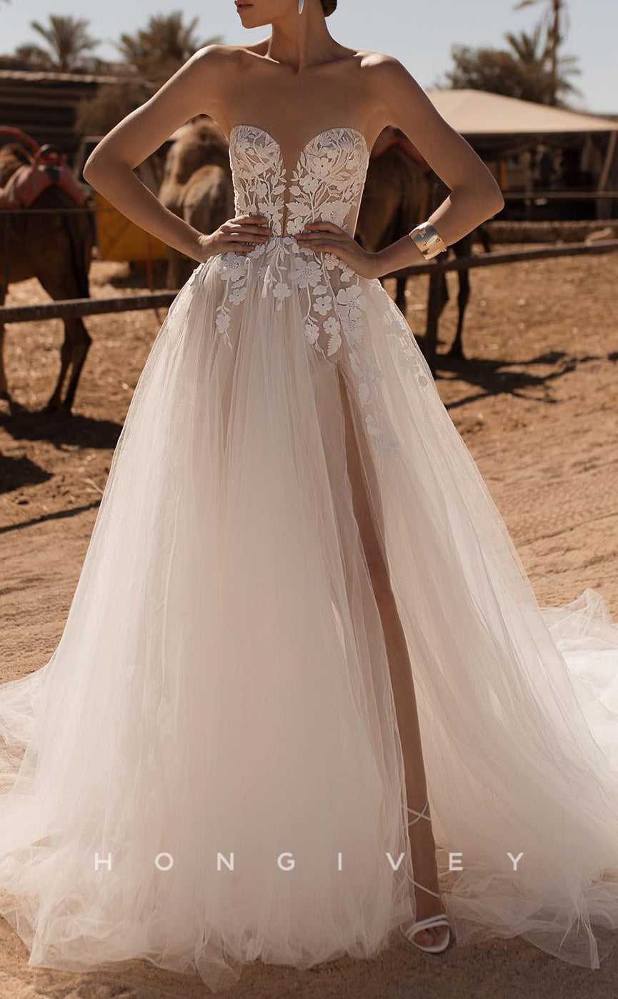 H1665 - Sheer Tulle A-Line Sweetheart Lace Applique With Side Slit Wedding Dress