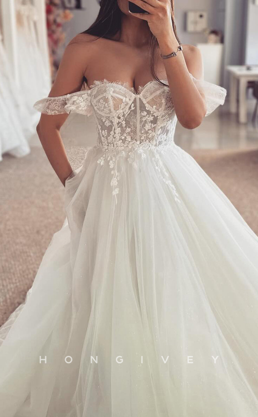 H1686 - Tulle A-Line Off-Shoulder Sheer Lace Applique With Train Wedding Dress