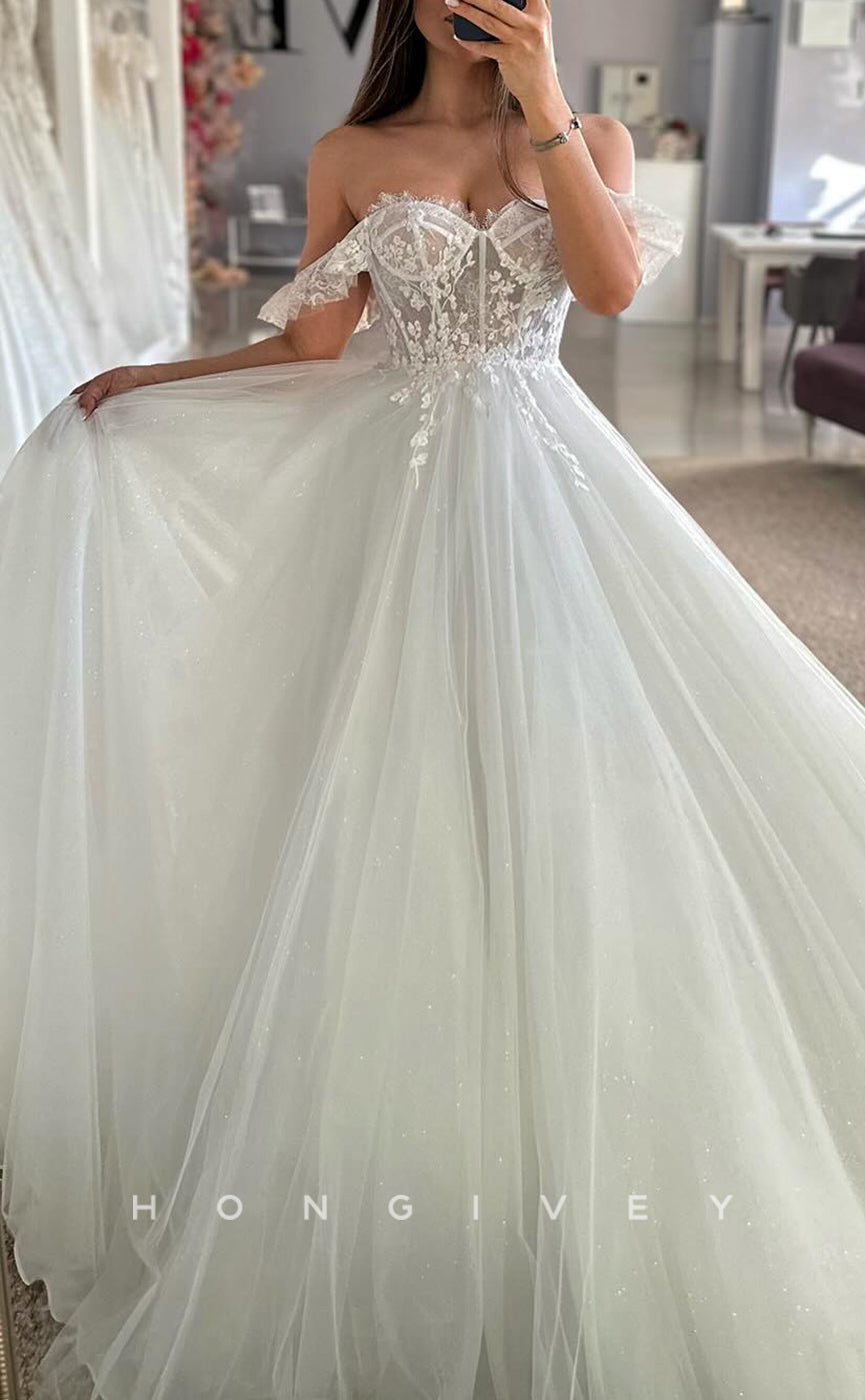 H1686 - Tulle A-Line Off-Shoulder Sheer Lace Applique With Train Wedding Dress