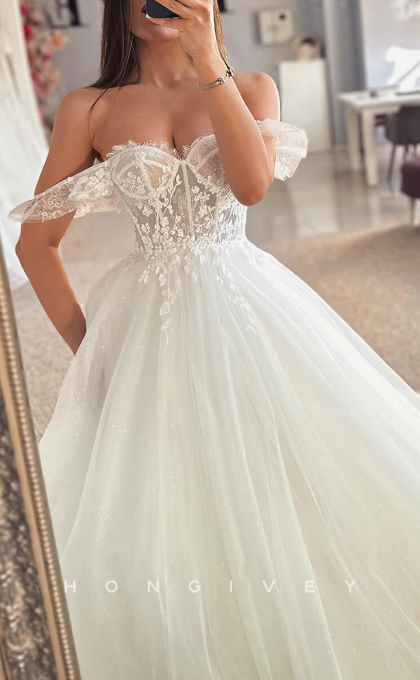 H1686 - Tulle A-Line Off-Shoulder Sheer Lace Applique With Train Wedding Dress