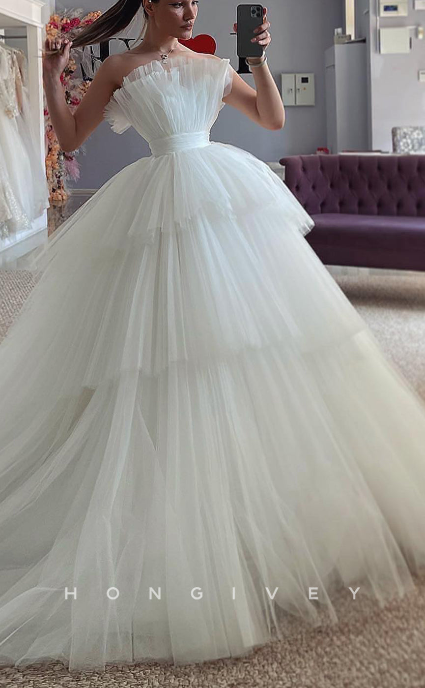 H1682 - Tulle A-Line Strapless Empire Tiered With Train Wedding Dress