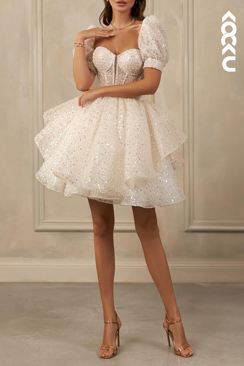 K2094 - Gorgeous & Charming Square Short Sleeves A-Line Sparkly Mini Wedding Dress