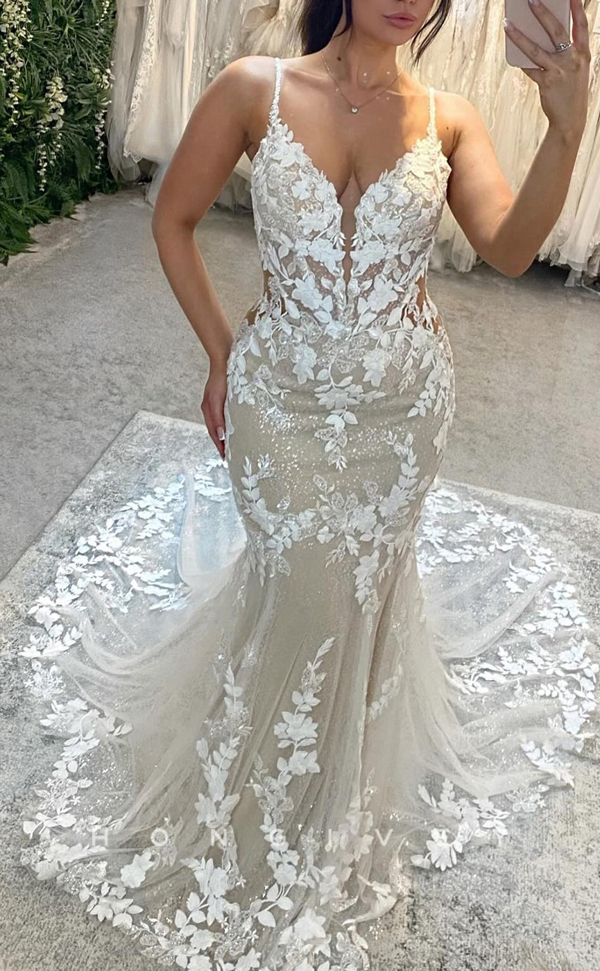 H1703 - V-Neck Spaghetti Straps Lace Applique Sheer Trumpet Wedding Dress