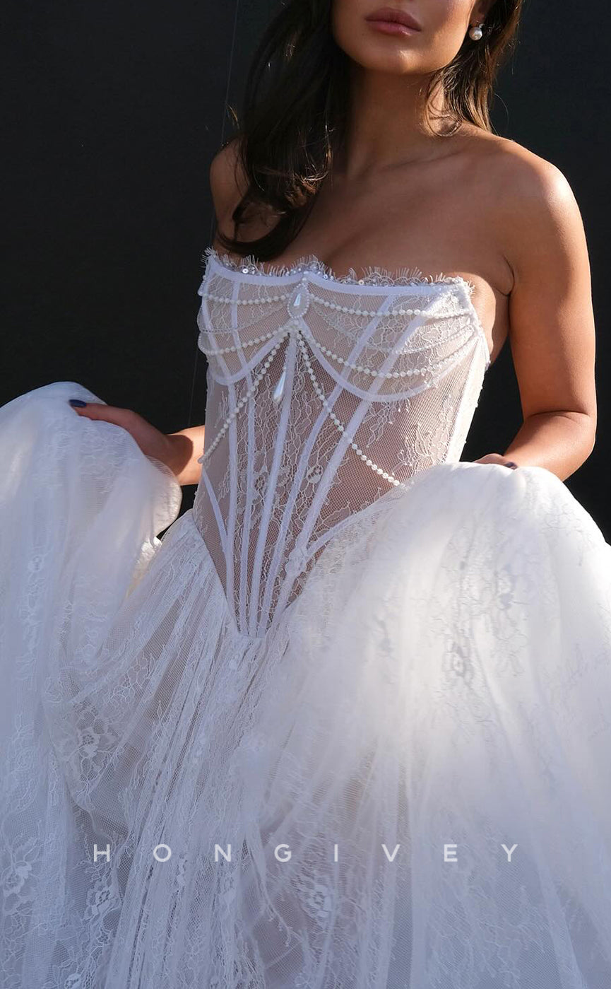 H1744 - Tulle A-Line Strapless Sheer Lace Applique Wedding Dress