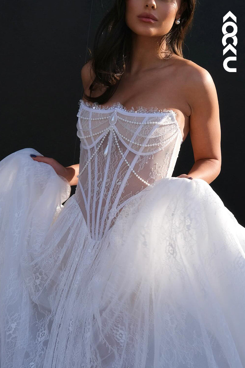 K2141 - Glamorous & Dramatic Sleeveless A-Line Off-Shoulder Illusion Wedding Dress