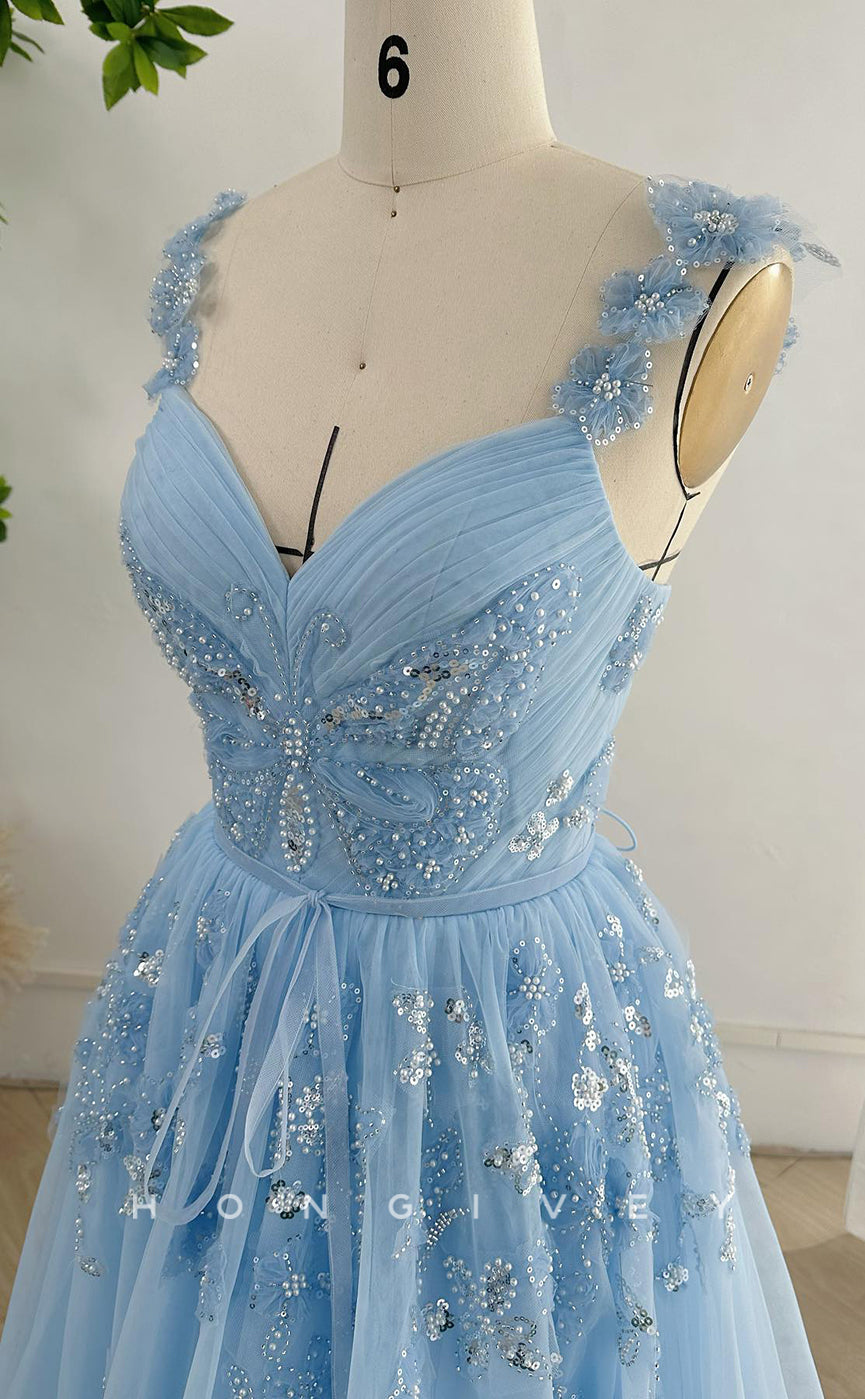 L2765 - Tulle A-Line V-Neck Spaghetti Straps Lace Applique Beaded Party Prom Evening Dress