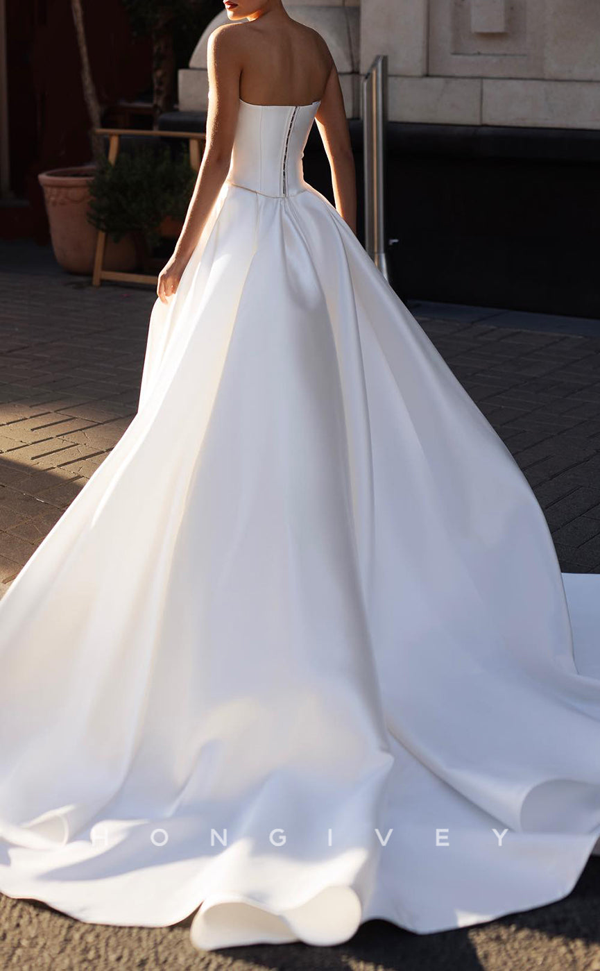 H1679 - A-Line Strapless Beaded With Side Slit Train Wedding Dress