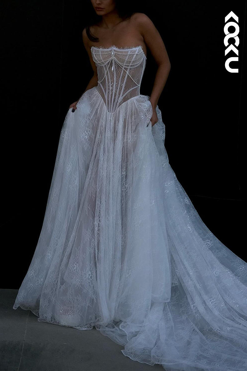 K2141 - Glamorous & Dramatic Sleeveless A-Line Off-Shoulder Illusion Wedding Dress