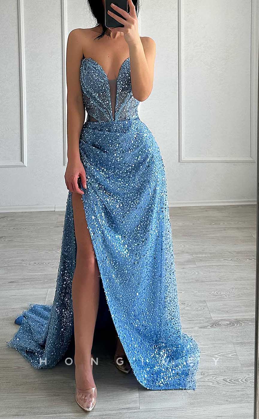 L2840 - Sparkly Strapless Ruched With Side Slit Sequined Party Prom Evening Dress