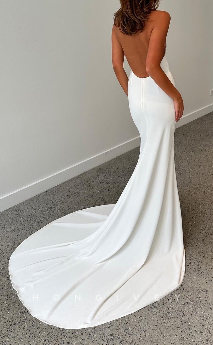 H1754 - Simple Satin Fitted Round Open Back With Train Wedding Dress