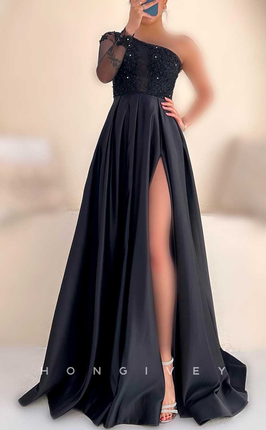 L2838 - Satin A-Line One Shoulder Appliques Beaded With Side Slit Party Prom Evening Dress