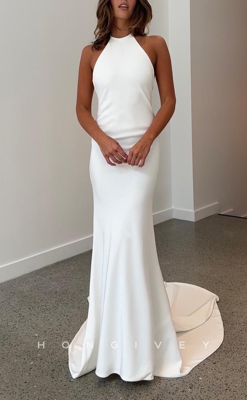 H1754 - Simple Satin Fitted Round Open Back With Train Wedding Dress