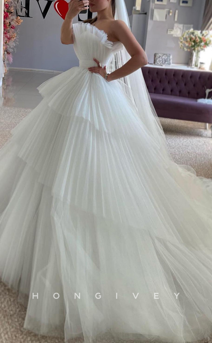 H1682 - Tulle A-Line Strapless Empire Tiered With Train Wedding Dress