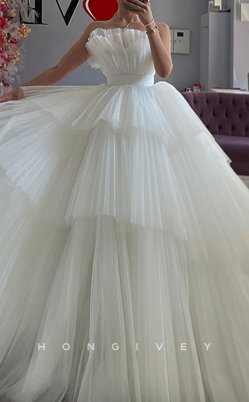 H1682 - Tulle A-Line Strapless Empire Tiered With Train Wedding Dress