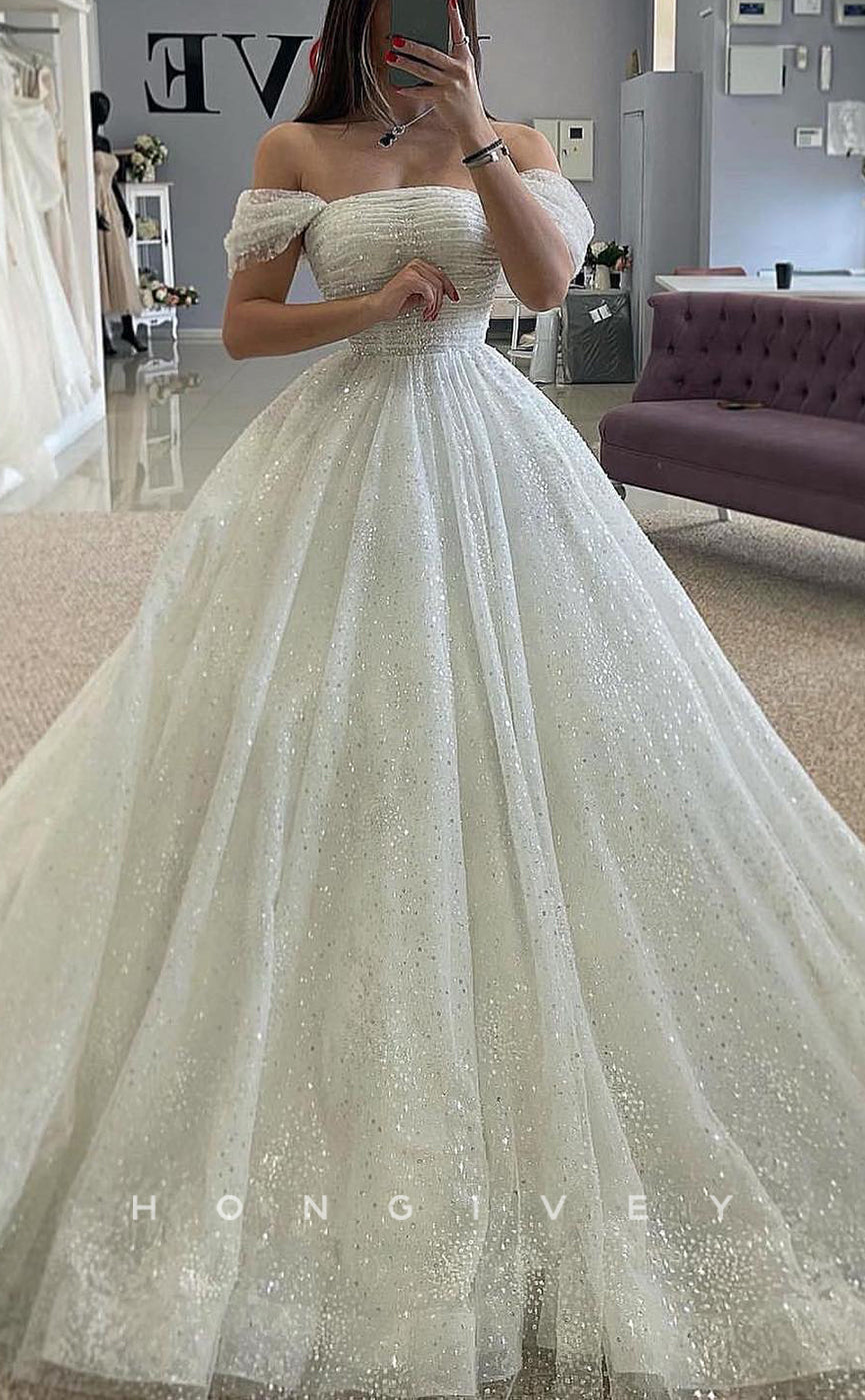 H1683 - A-Line Detachable Off-Shoulder Empire Glitter Tulle Wedding Dress