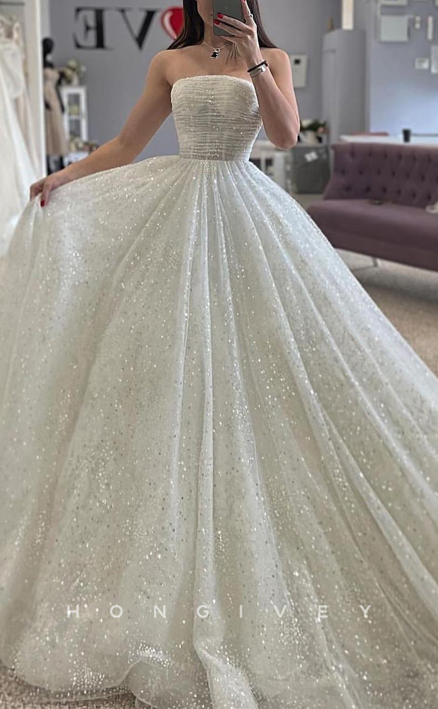 H1683 - A-Line Detachable Off-Shoulder Empire Glitter Tulle Wedding Dress