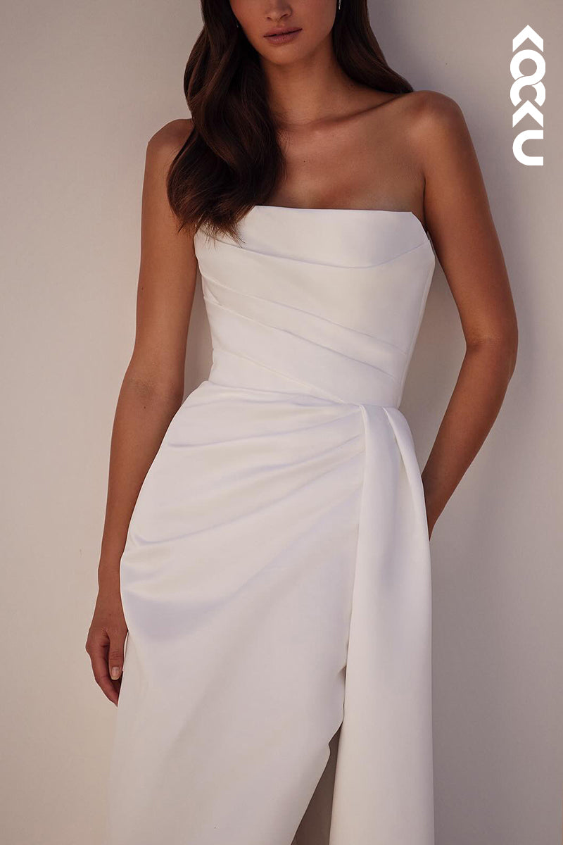 K2146 - Simple & Casual Off-Shoulder Sleeveless Ruched Split Wedding Dress