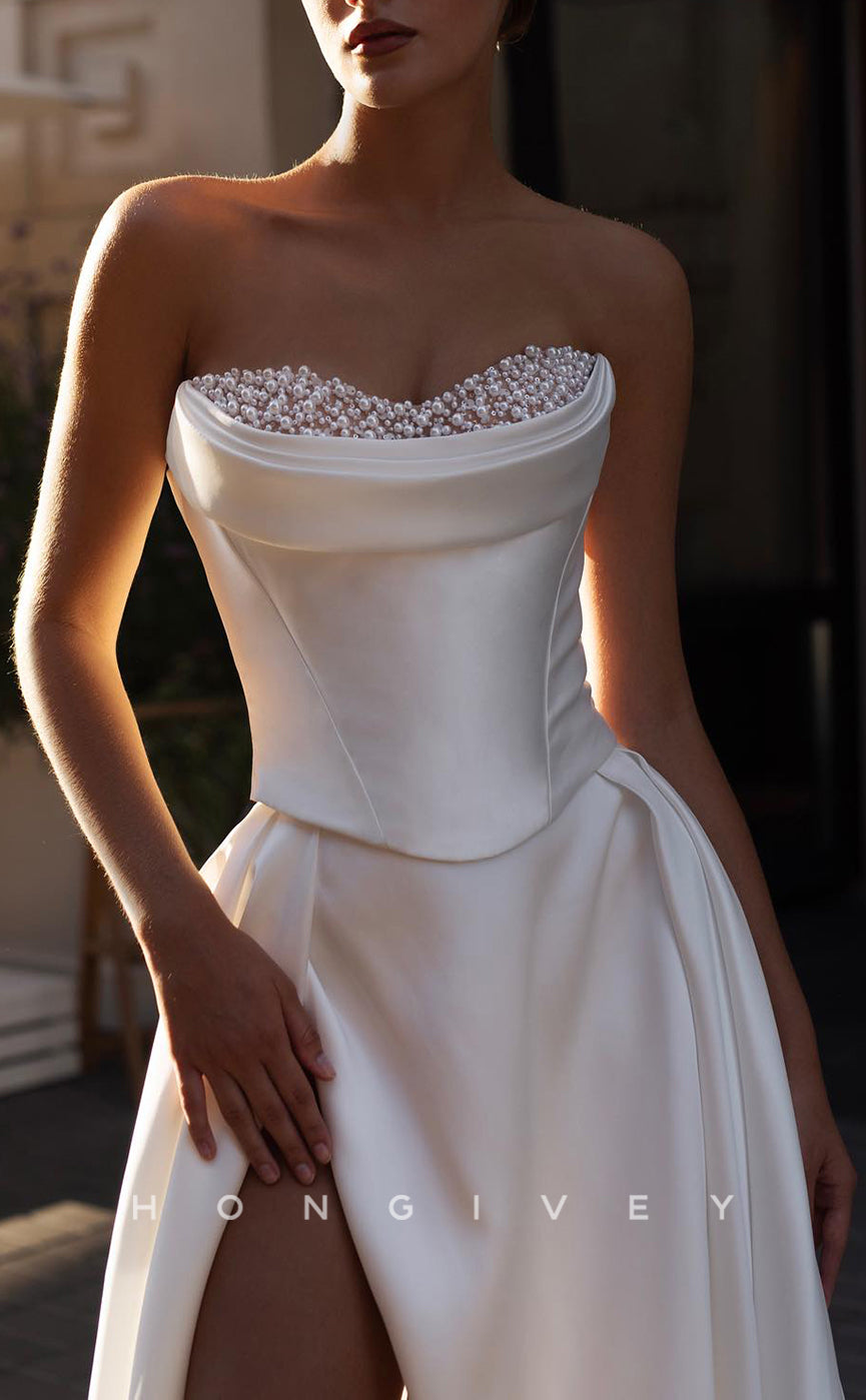 H1679 - A-Line Strapless Beaded With Side Slit Train Wedding Dress