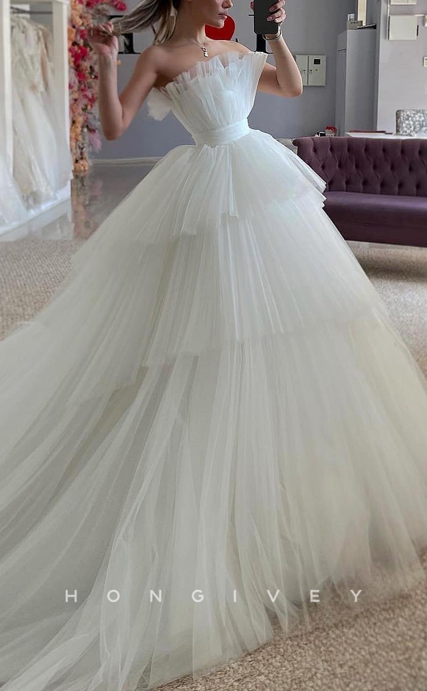 H1682 - Tulle A-Line Strapless Empire Tiered With Train Wedding Dress