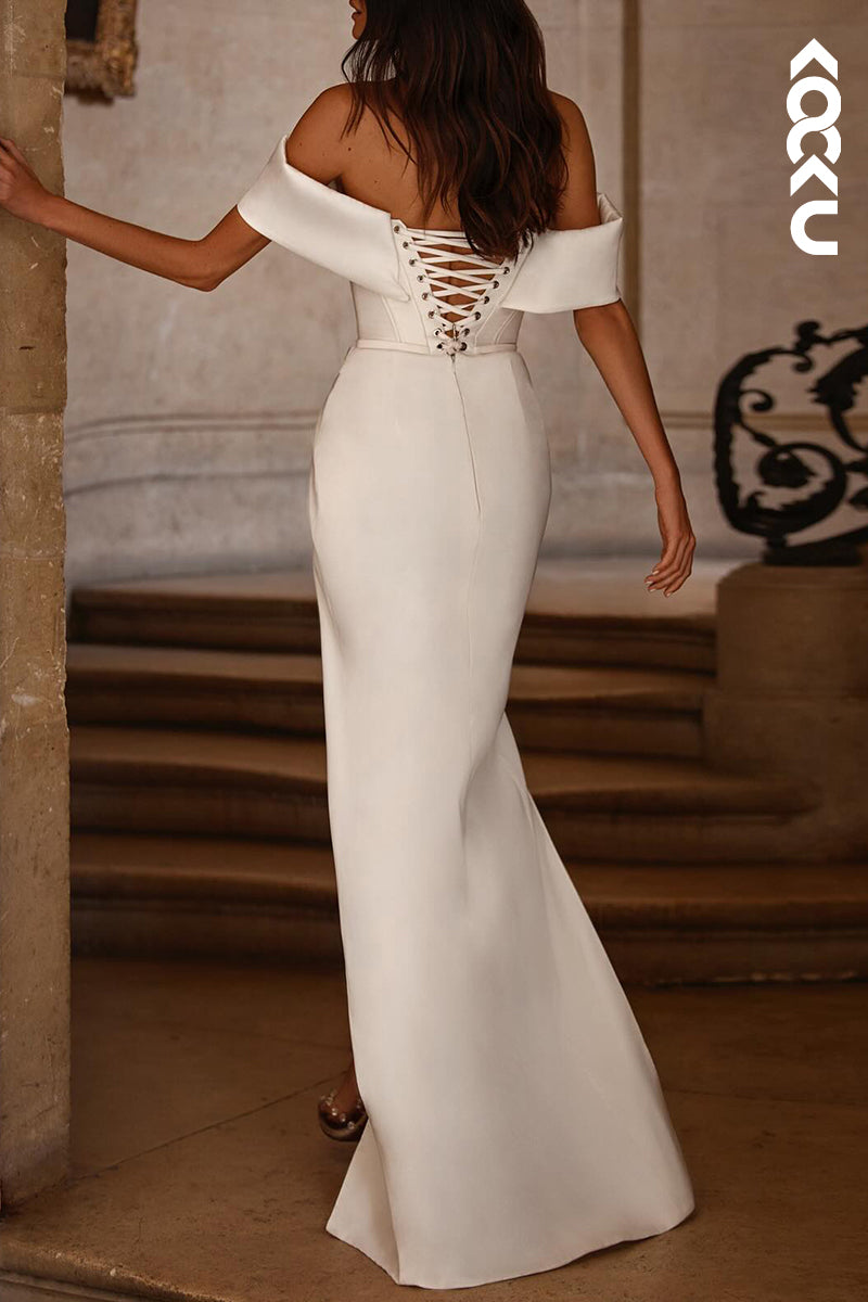 K2147 - Classic Off-Shoulder Sheath Side Slit Lace-Up Satin Wedding Dress