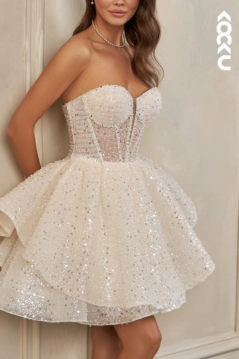 K2094 - Gorgeous & Charming Square Short Sleeves A-Line Sparkly Mini Wedding Dress