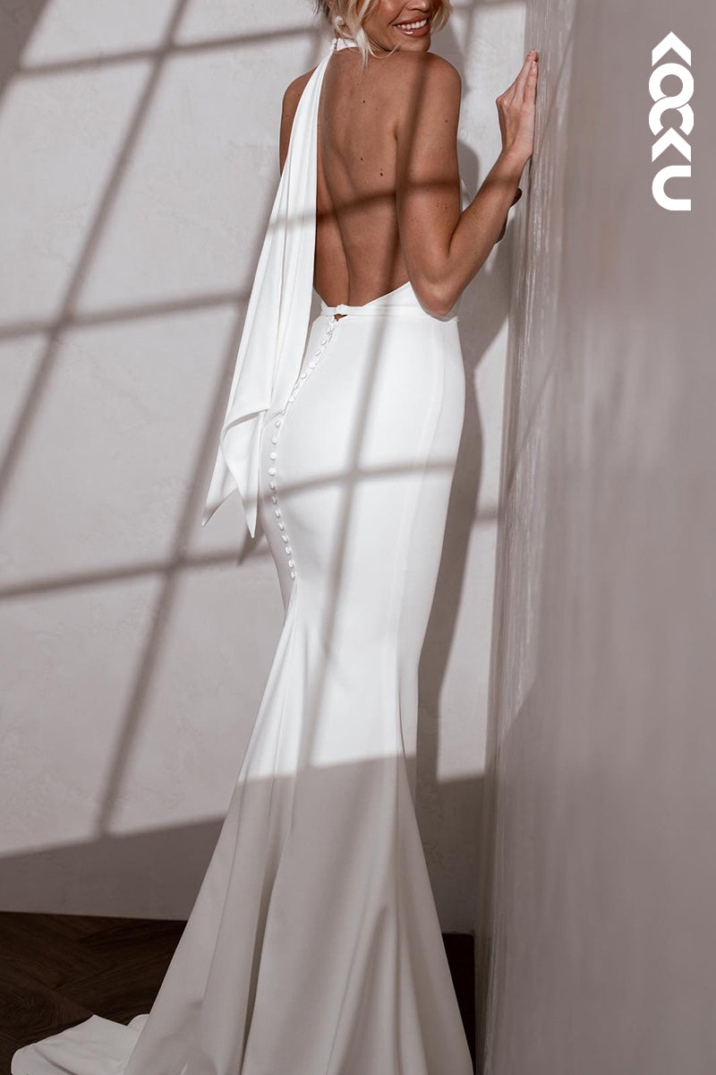 K2115 - Simple & Casual Backless Sleeveless Trumpet/Mermaid V-neck Wedding Dress