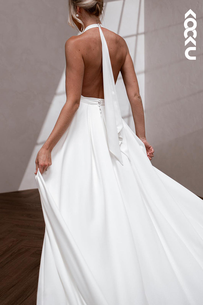 K2115 - Simple & Casual Backless Sleeveless Trumpet/Mermaid V-neck Wedding Dress