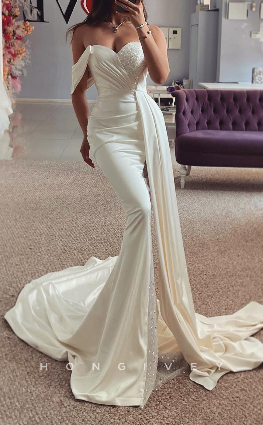 H1684 - Satin Trumpet Off-Shoulder Pleats Beaded With Train Wedding Dress