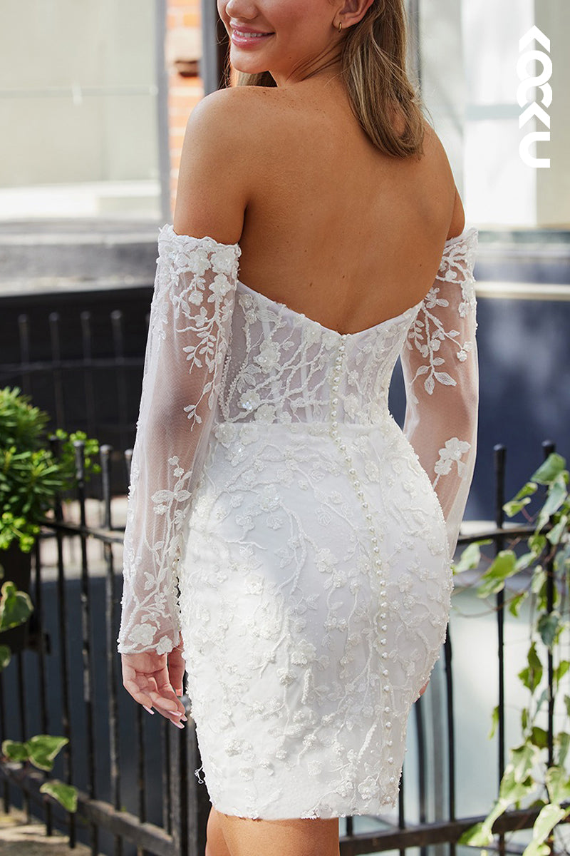 K2112 - Elegant & Luxurious Long Sleeves Off-Shoulder Lace Appliques Mini Wedding Dress