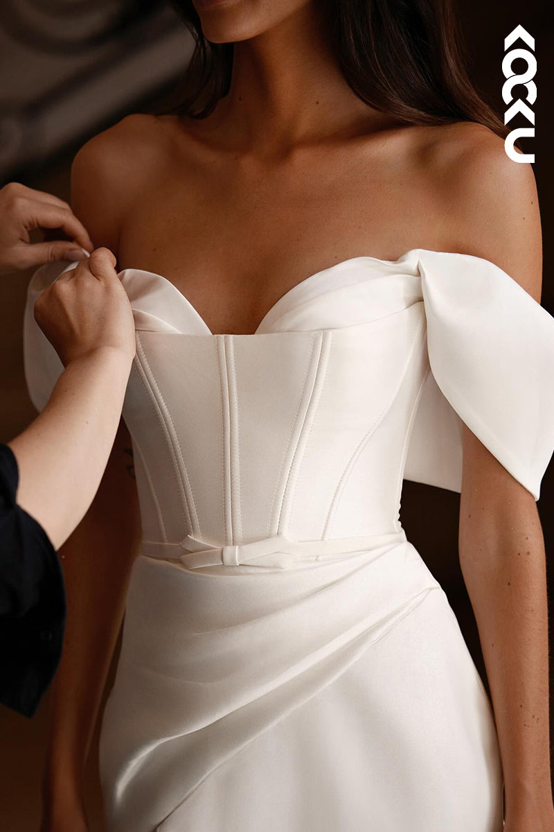 K2147 - Classic Off-Shoulder Sheath Side Slit Lace-Up Satin Wedding Dress