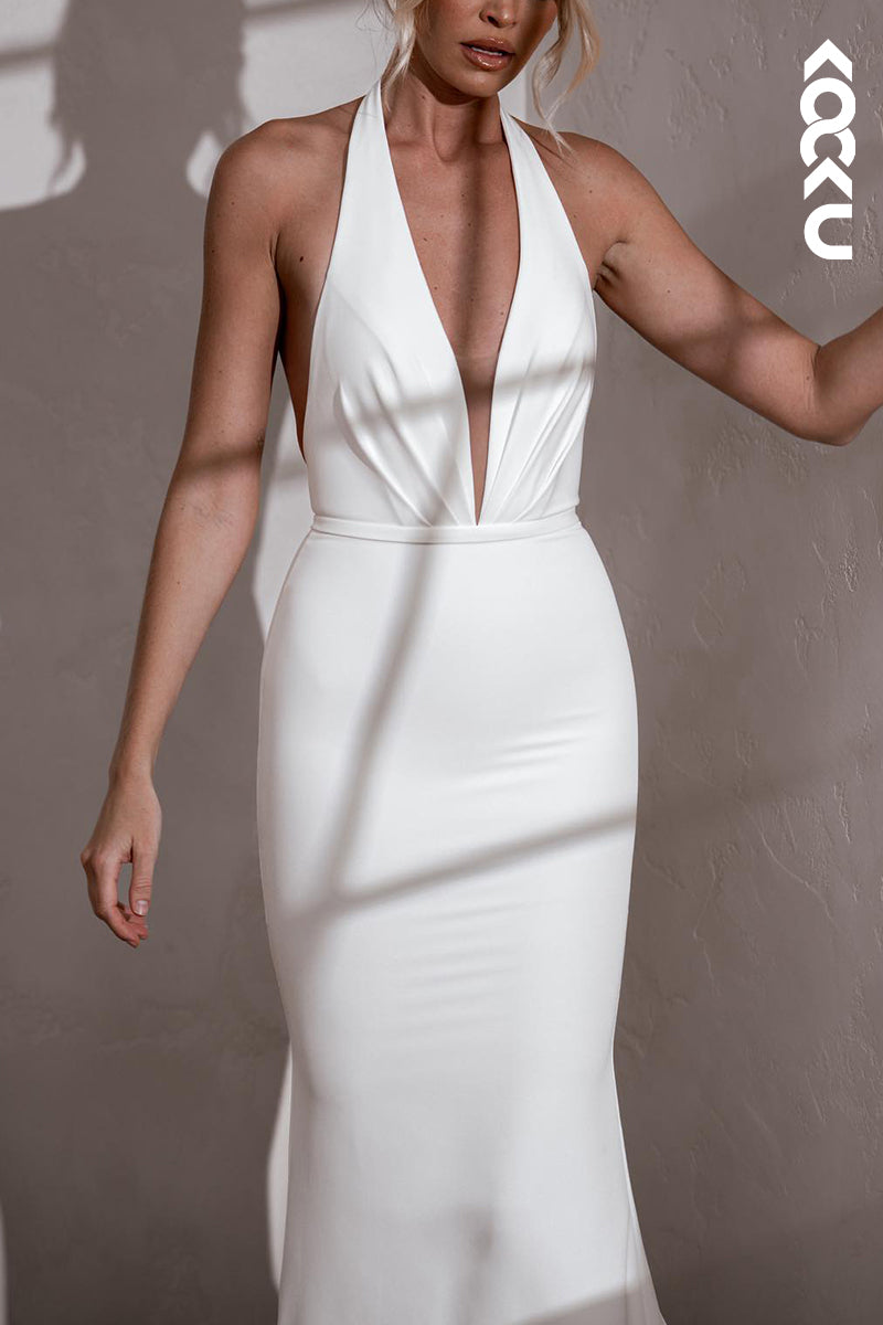 K2115 - Simple & Casual Backless Sleeveless Trumpet/Mermaid V-neck Wedding Dress