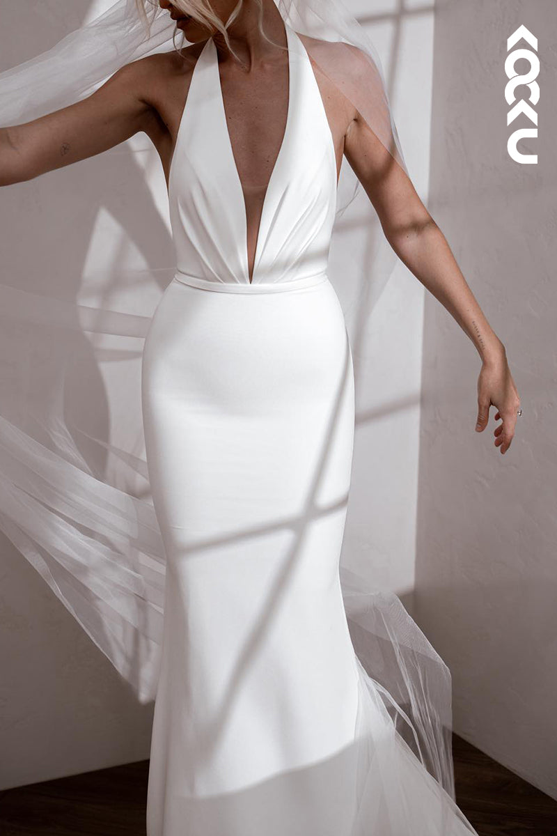 K2115 - Simple & Casual Backless Sleeveless Trumpet/Mermaid V-neck Wedding Dress