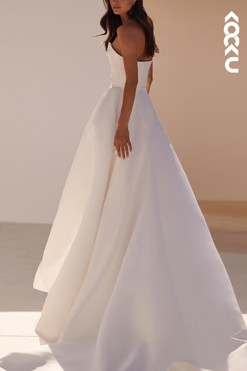 K2146 - Simple & Casual Off-Shoulder Sleeveless Ruched Split Wedding Dress