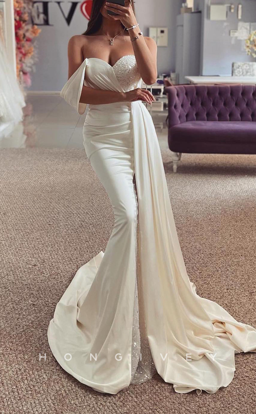 H1684 - Satin Trumpet Off-Shoulder Pleats Beaded With Train Wedding Dress