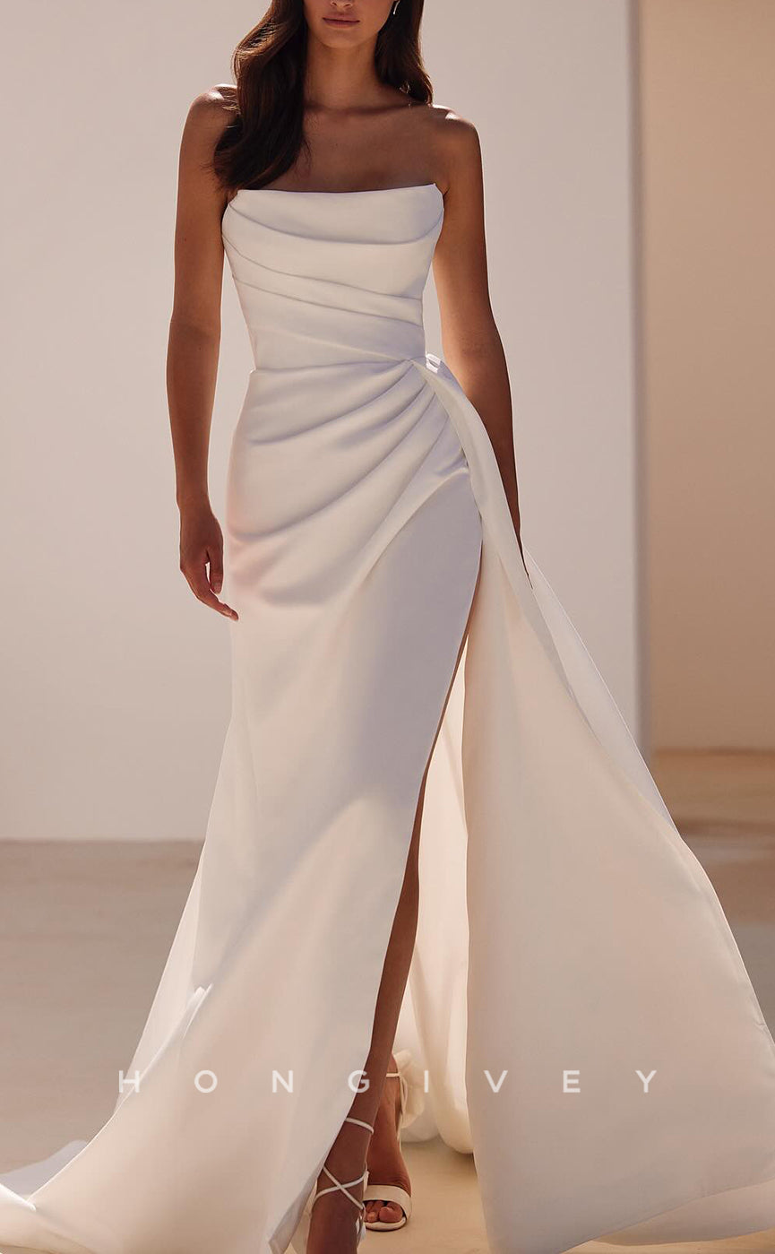 H1748 - Satin Bateau Sleeveless  Empire Pleats With Side Slit Wedding Dress