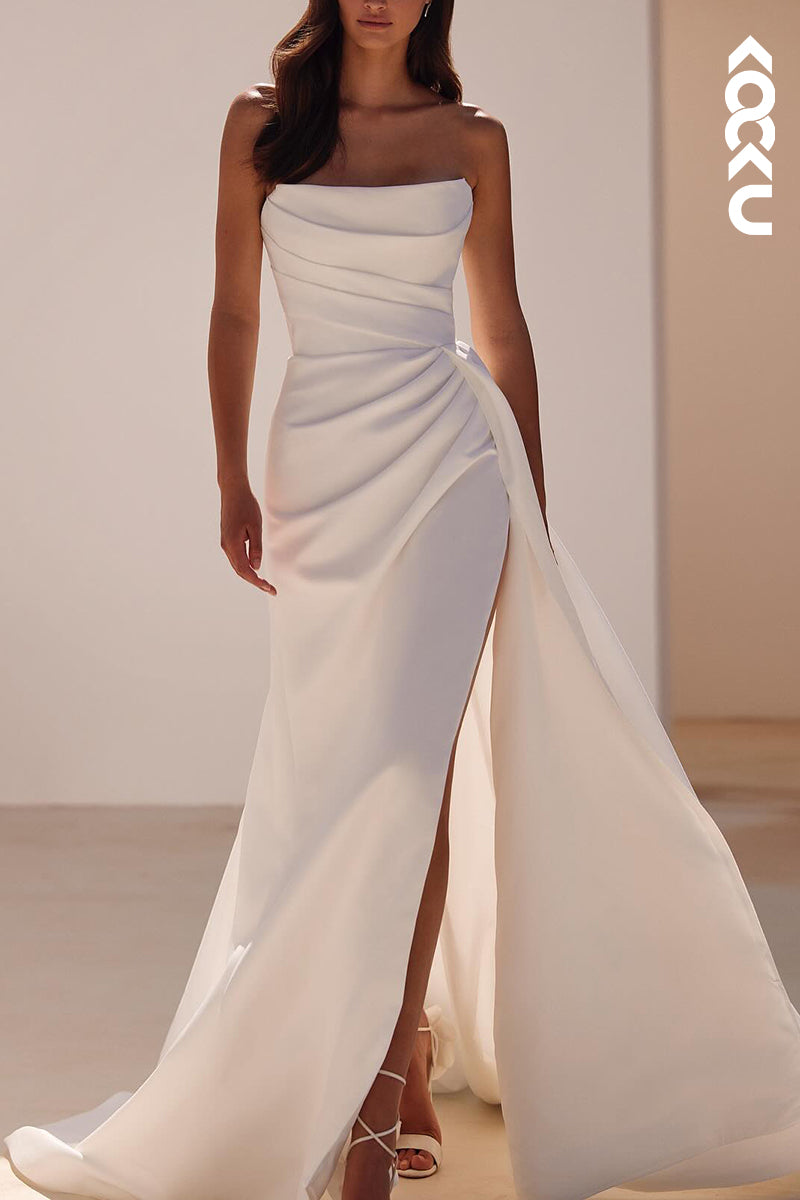 K2146 - Simple & Casual Off-Shoulder Sleeveless Ruched Split Wedding Dress