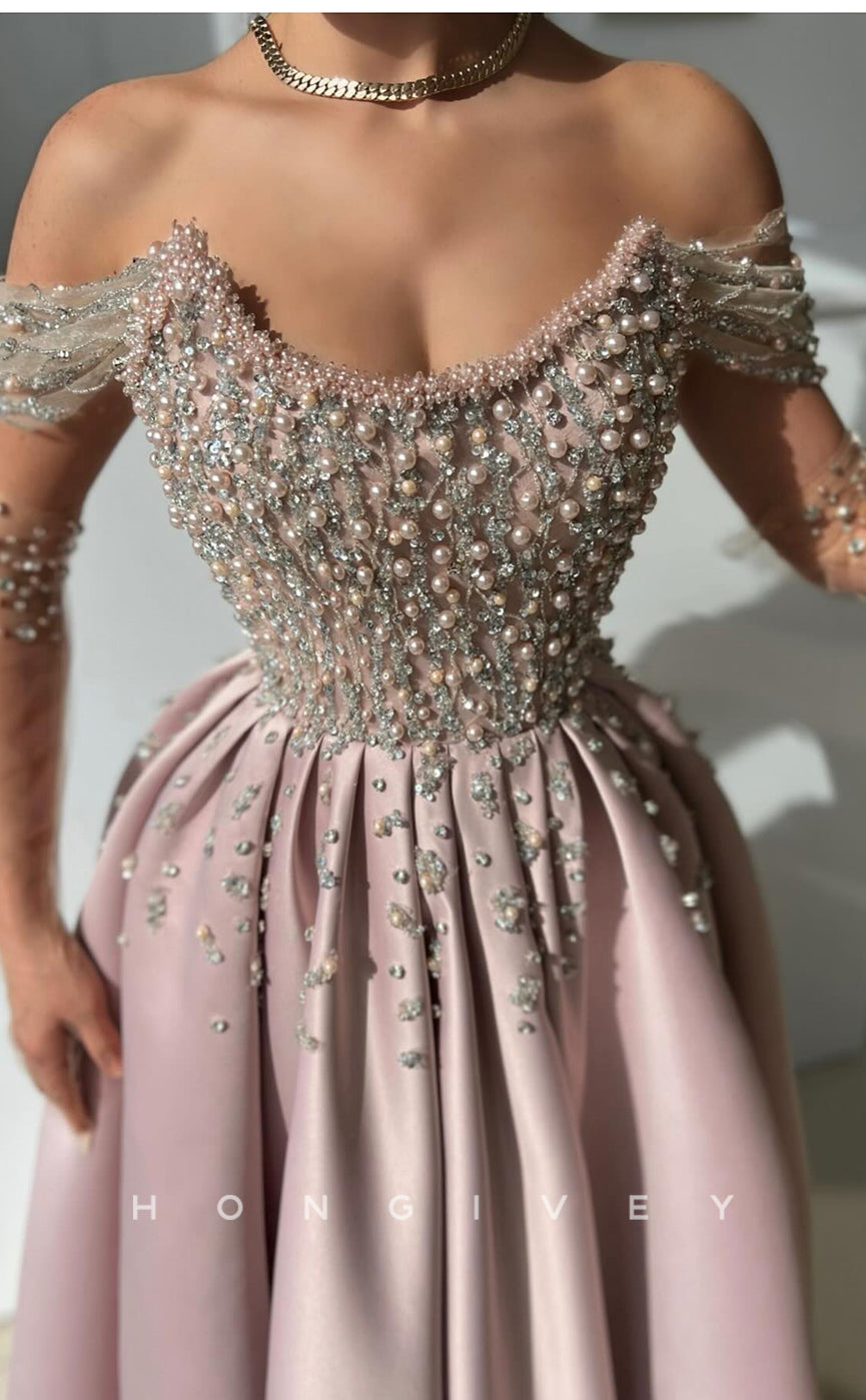 L2774 - A-Line Off-Shoulder Beaded With Side Slit Party Prom Evening Dress