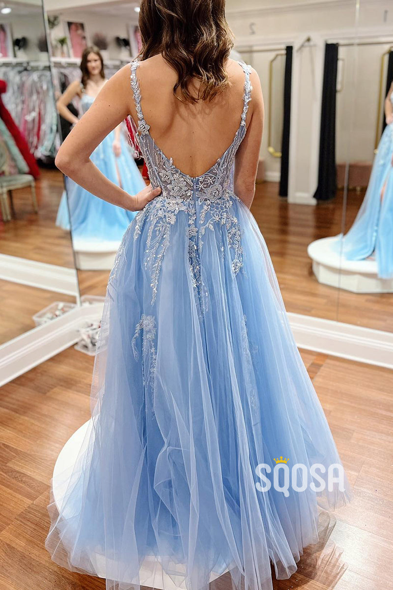 L2829 - Tulle A-Line Illusion Appliques With Side Slit Party Prom Evening Dress