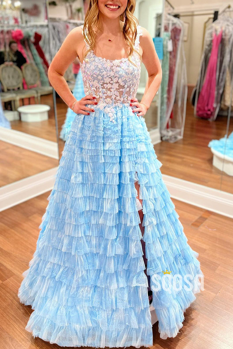 L2831 - Bateau A-Line Illusion Appliques Tiered With Side Slit Tulle Prom Dress