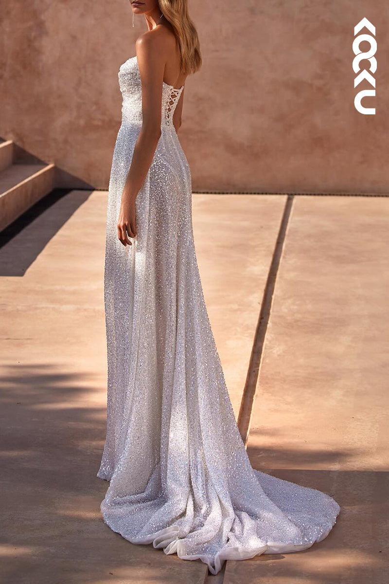 K2108 - Couture & Ornate Sleeveless Off-Shoulder Ruched Slit Wedding Dress