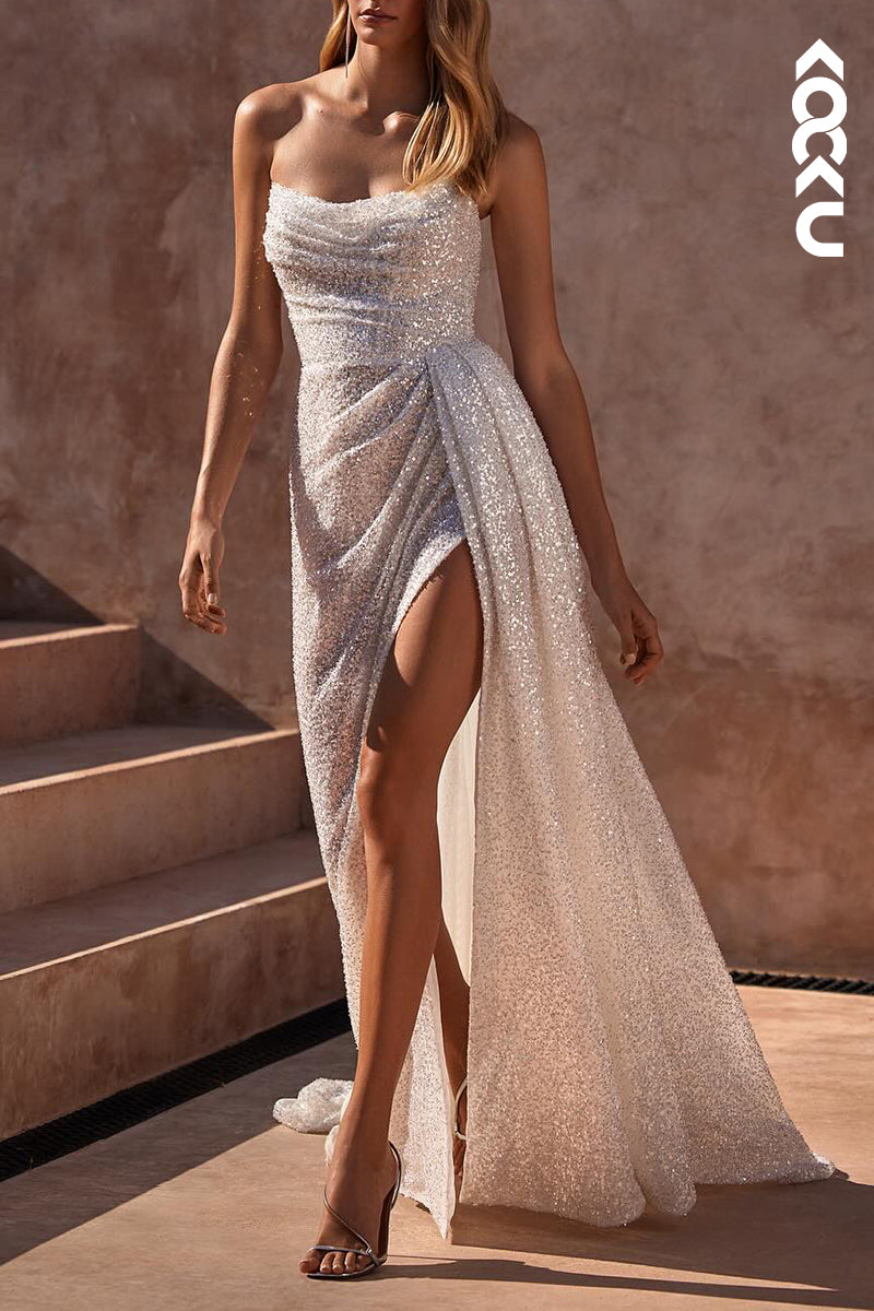 K2108 - Couture & Ornate Sleeveless Off-Shoulder Ruched Slit Wedding Dress