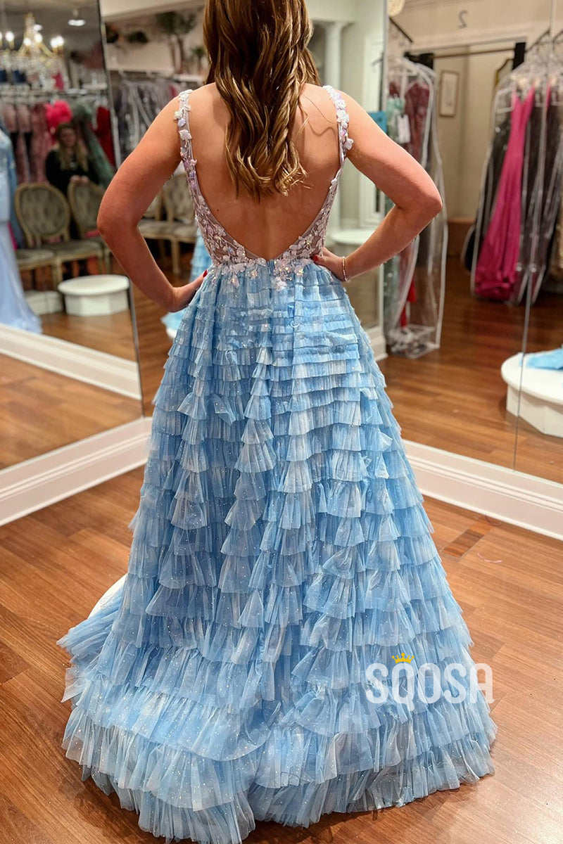 L2831 - Bateau A-Line Illusion Appliques Tiered With Side Slit Tulle Prom Dress