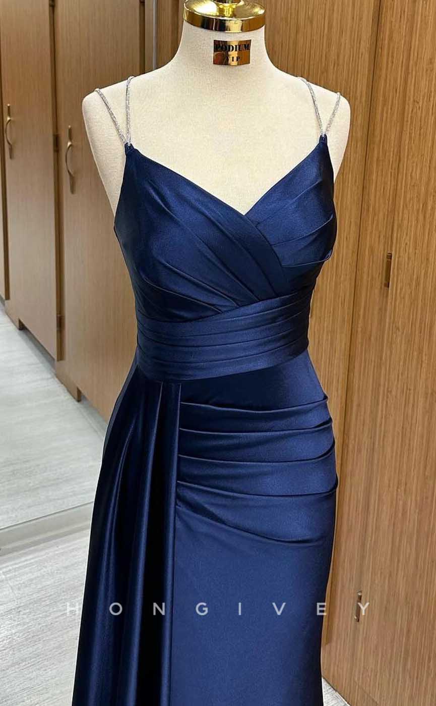 L2877 - V-Neck Spaghetti Straps Ruched With Train Party Prom Evening Dress