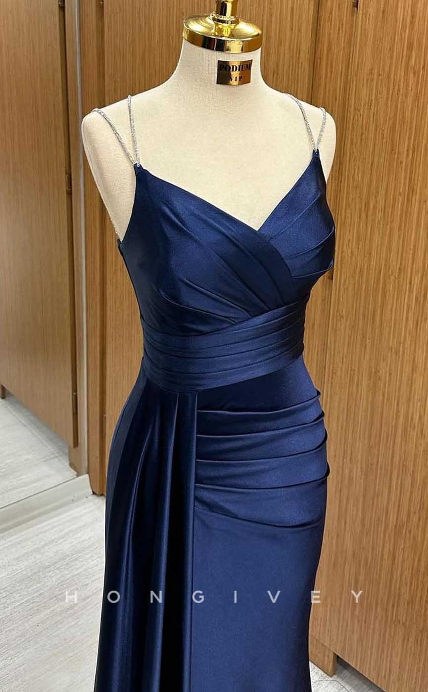 L2877 - V-Neck Spaghetti Straps Ruched With Train Party Prom Evening Dress