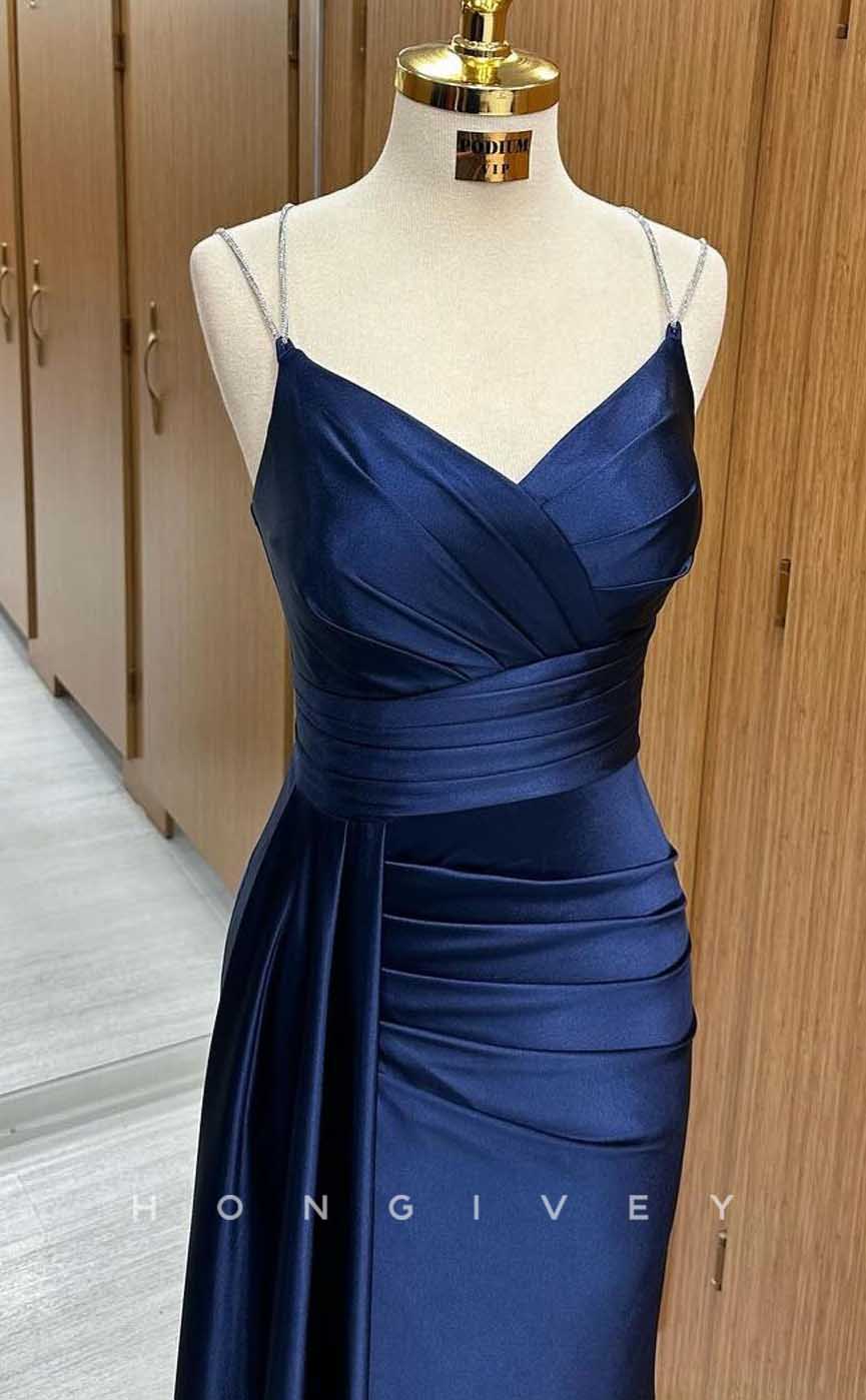 L2877 - V-Neck Spaghetti Straps Ruched With Train Party Prom Evening Dress