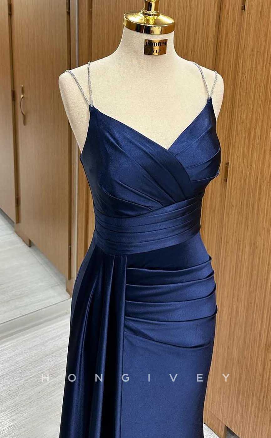 L2877 - V-Neck Spaghetti Straps Ruched With Train Party Prom Evening Dress