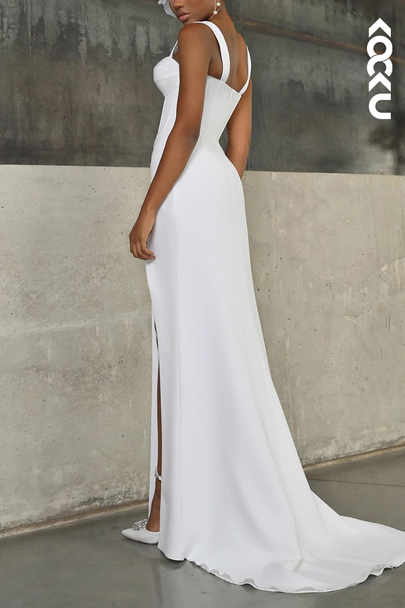 K2098 - Classic & Timeless Sheath/Column Satin Straps Slit Wedding Dress