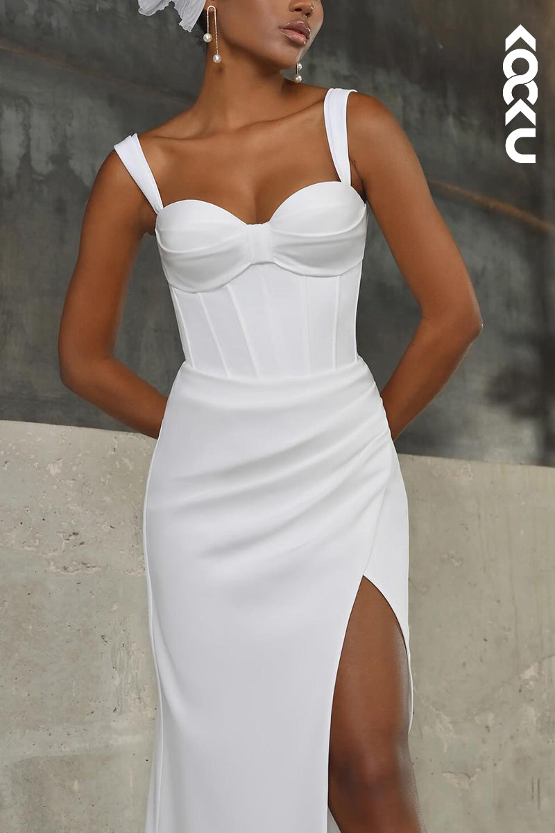 K2098 - Classic & Timeless Sheath/Column Satin Straps Slit Wedding Dress