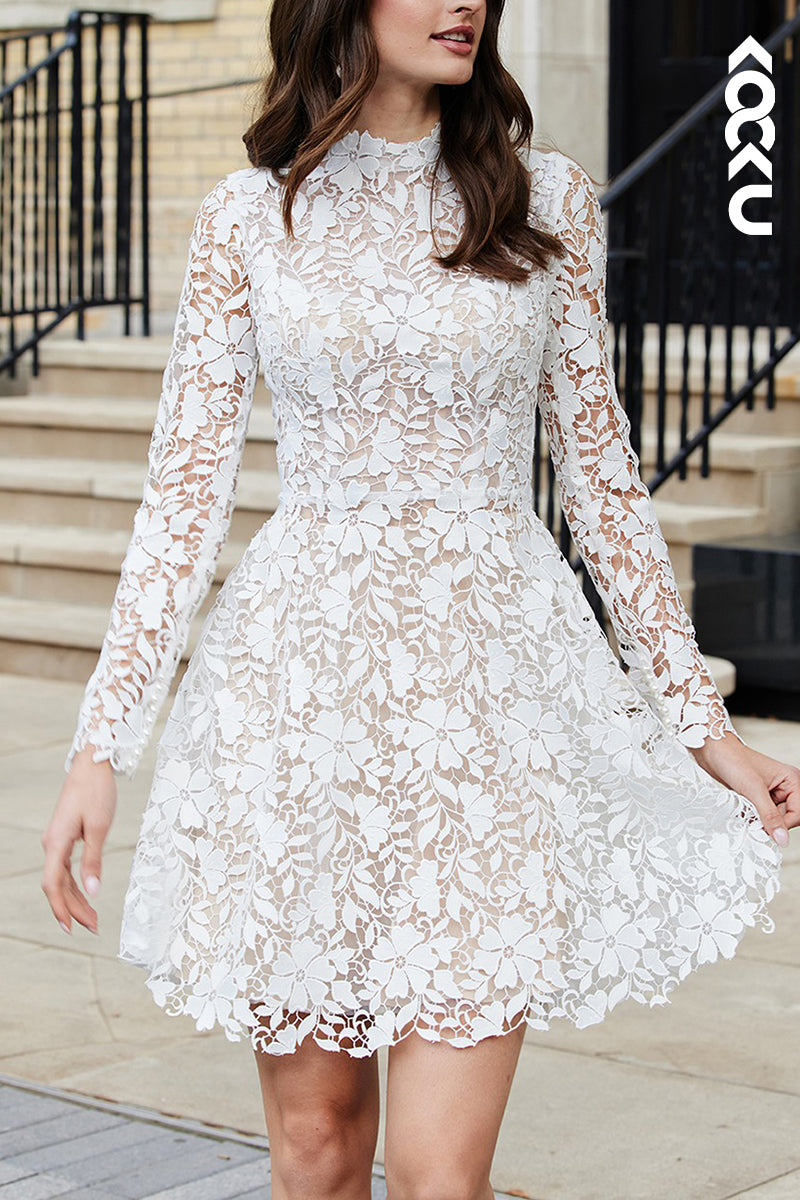 K2113 - Gorgeous & Charming Long Sleeves High Neck Fully Applique Mini Wedding Dress