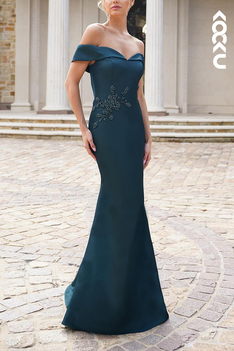 M6326 - Elegant Off-Shoulder Mermiad Satin Mother of the Bride Dress